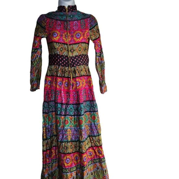 Vintage 60s Maxi Dress Womens Size S Neon Floral Paisley Groovy Hippie Boho - Picture 7 of 13
